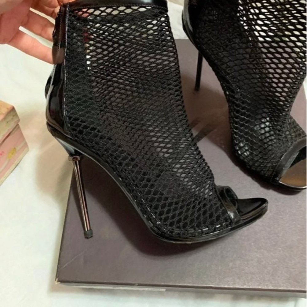 Brian Atwood Black Mesh Peep-Toe Stiletto Ankle Boots